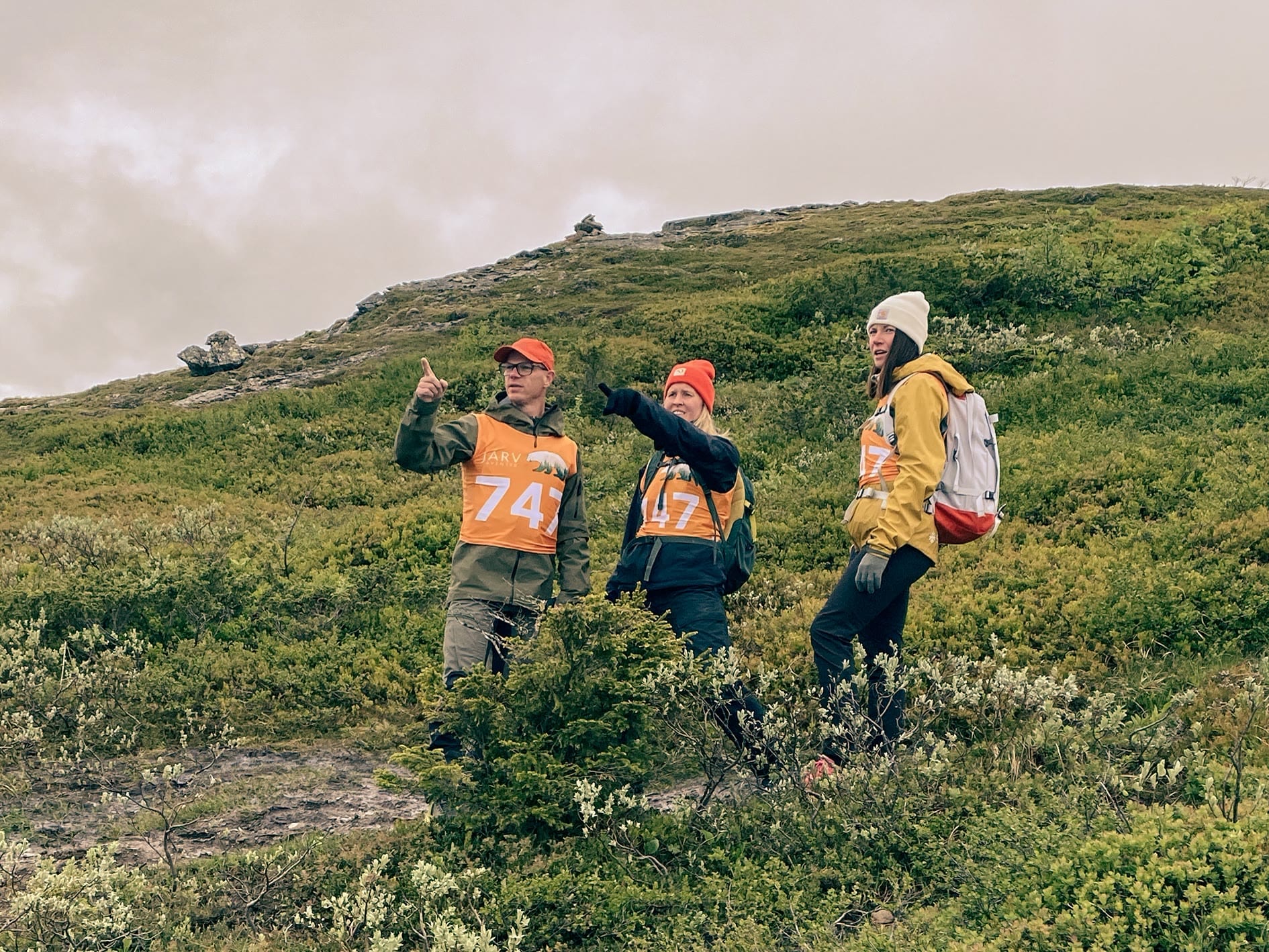 Tre vandrare i orange västar vinkar på fjällheden